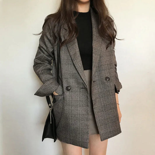 maoxiangshop Women Winter Plaid Blazers Coats Korean Fashion Elegant Solid Thick Jacket Female Double Breasted Office Lady Long Overcoat