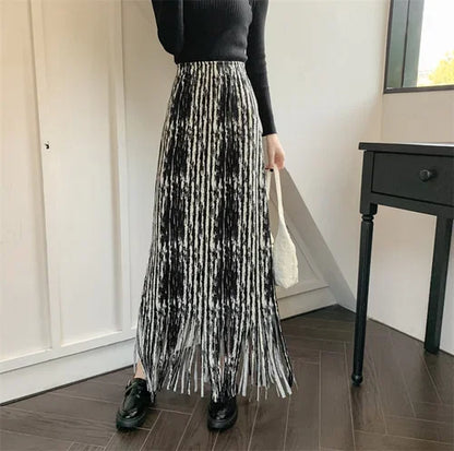 maoxiangshop French Chic Long Skirts for Women Tie-dye Printed Tassel High Waist Female Sheath Skirt Ladies Streetwear Maxi Skirt