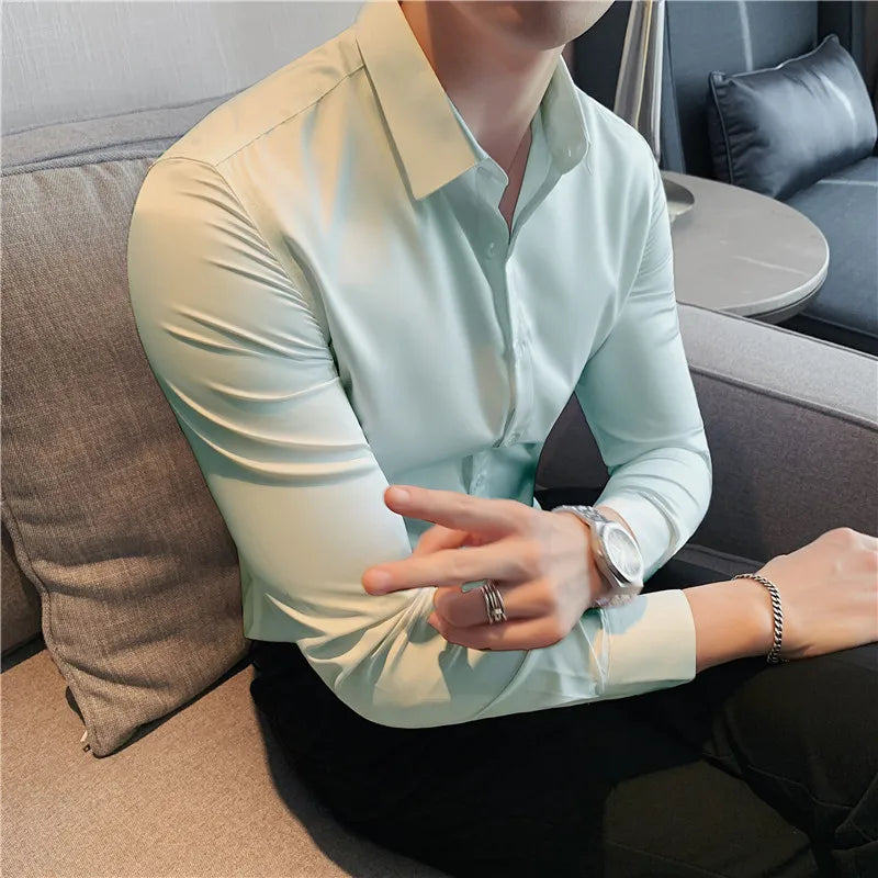 maoxiangshop Mens Shirts Autumn New Long Sleeve Stripe Dress Shirt Solid Casual Formal Wear Slim Fit Chemise Homme Camisas Men Clothing