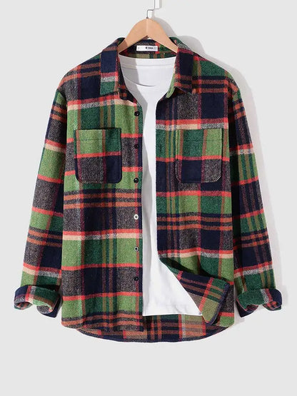 maoxiangshop Long Sleeve Shirt for Men Plaid Fuzzy Button Shacket Blouses Unisex Streetwear Overshirt Fall Winter Warm Shirt Tops