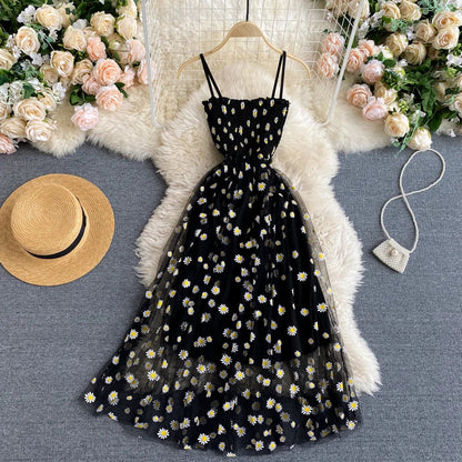 maoxiangshop Black Women Dress Basic Floral Print Spaghetti Strap Long Dress Korean Sundress