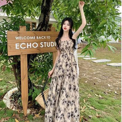 Summer New Sweet Elegant Halter Dress Slash Neck Floral High Waist Pleats Long Dress Patchwork Holiday Style Boho Dress