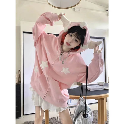 maoxiangshop Lazy and Cute Star Wing Hoodie for Women in Autumn and Winter American Retro Niche Couple Versatile Loose Hooded Oversized Top