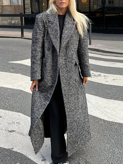 maoxiangshop  -  Elegant Gray Long Coat Women Woolen Double Breasted Turn-down Collar Oversize Thick Outwear 2024 Autumn Chic Casual Overcoat