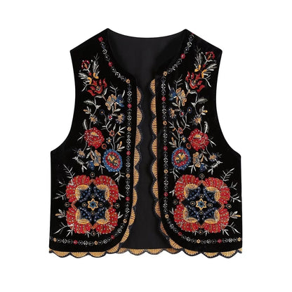maoxiangshopWomen Fashion Y2k Vintage Floral Embroidery Vest Top V Neck Loose Casual Summer Woman Short Cardigan Waistcoat Chic Tops