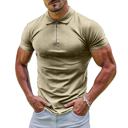 maoxiangshop New Elastic Polos Solid Color Shirt Men's Sports Tshirt Zipper Short Sleeve Slim T-shirt Casual Gym Loose Lapel Basic Tops
