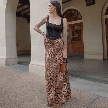maoxiangshop  -  Women's Leopard Print Skirt Fashion Print Slim Loose Casual Skirt Autumn Streetwear High Waist Retro Long Skirt Outfits