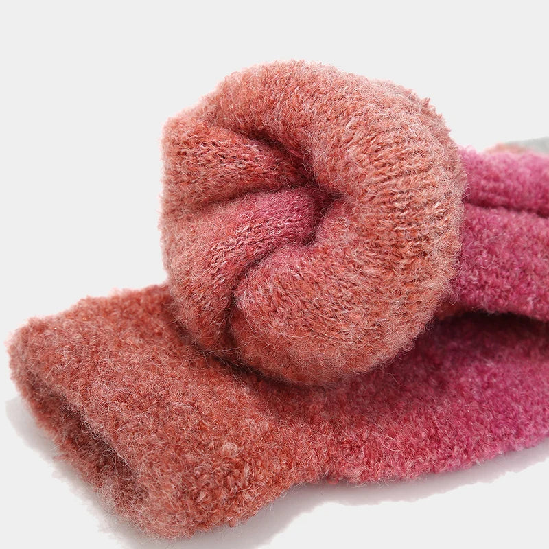 maoxiangshop  -  Winter Pompom Hat Scarf Glove Sets Tie-Dyed Knitted Beanies Plush Lining Thicken Bonnet Touch Screen Gloves Windproof Skiing Cap