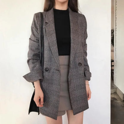 maoxiangshop Women Winter Plaid Blazers Coats Korean Fashion Elegant Solid Thick Jacket Female Double Breasted Office Lady Long Overcoat