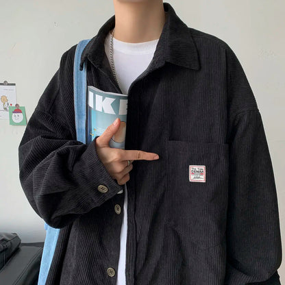 maoxiangshop Men's Corduroy Long Sleeve Shirts Autumn Korean Shirt Unisex Fashion Casual Oversize Shirt Printed Clothing