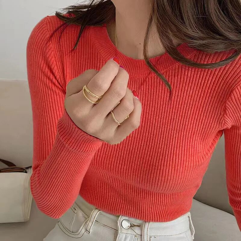 maoxiangshop Sweater Women Pullover Autumn Winter Basic Slim Fit O-Neck Knitted Sweaters Female Solid Ribbed Long Sleeve Jumpers Top