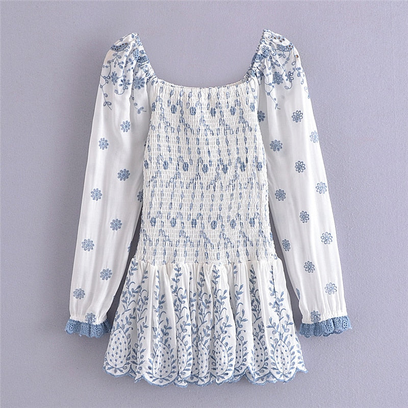 maoxiangshop Spring Summer Vintage New Fashion Women Embroidered Elastic Square Neck Puff Long Sleeve Short Mini Dress