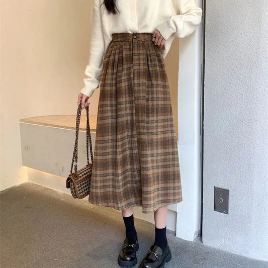 maoxiangshop Autumn Winter Woolen Plaid Skirt for Women Vintage High Waist Midi Skirts Woman A-Line Pleated Long Skirts Female