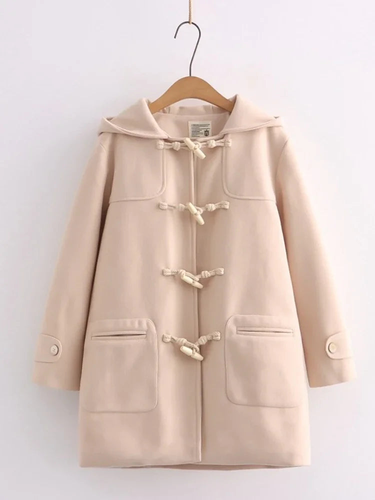 Winter Women Wool Blends Coat Straight Long Hooded Coats Jacket  Horn Button  Sleeve Preppy Style Female Warmness Outwears