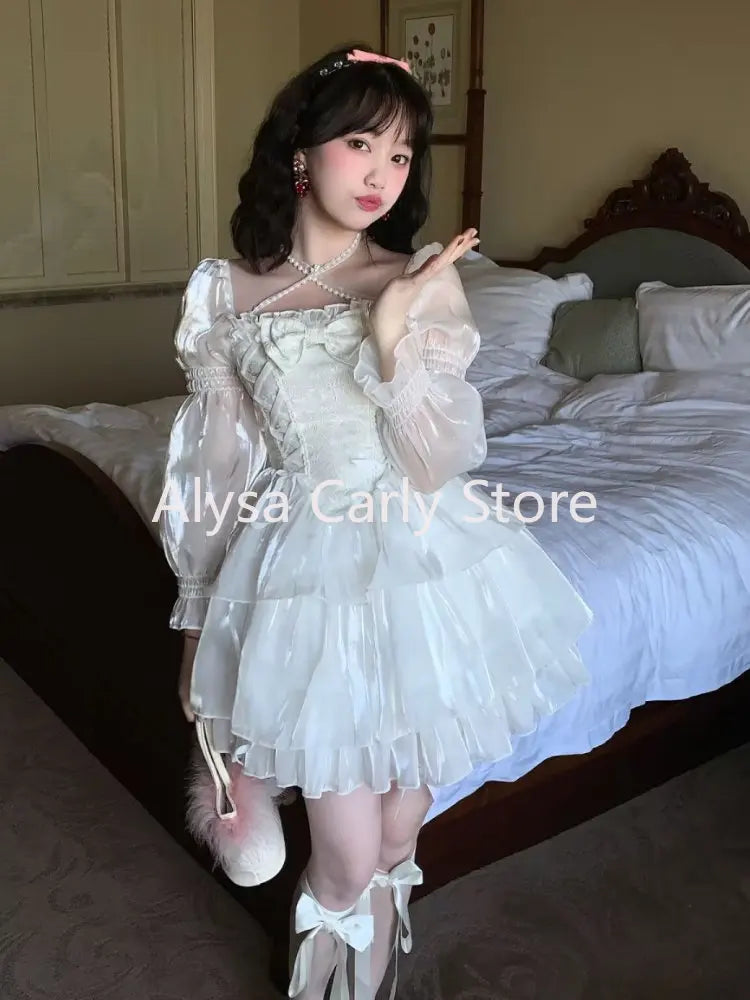 Japanese Sweet Fairy Lolita Dress Women White Mesh Elegant Princess Dress Female Bow Casual Evening Party Dress Summer Slim