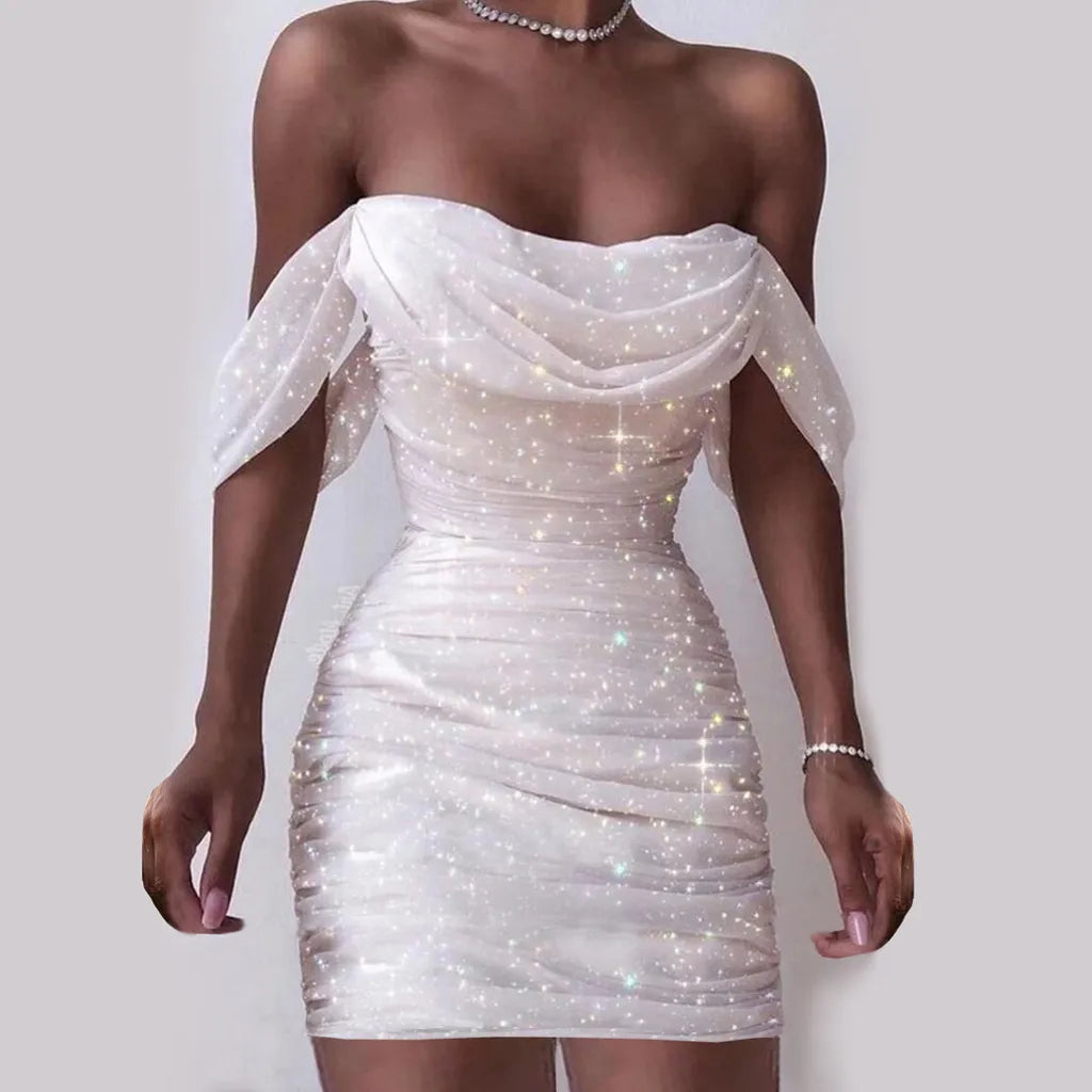 Fall Dresses For Women Sexy Off Shoulder Ruched Glitter Sparkly Sequin Straight Bodycon Slim White Dress Vintage Prom Dress