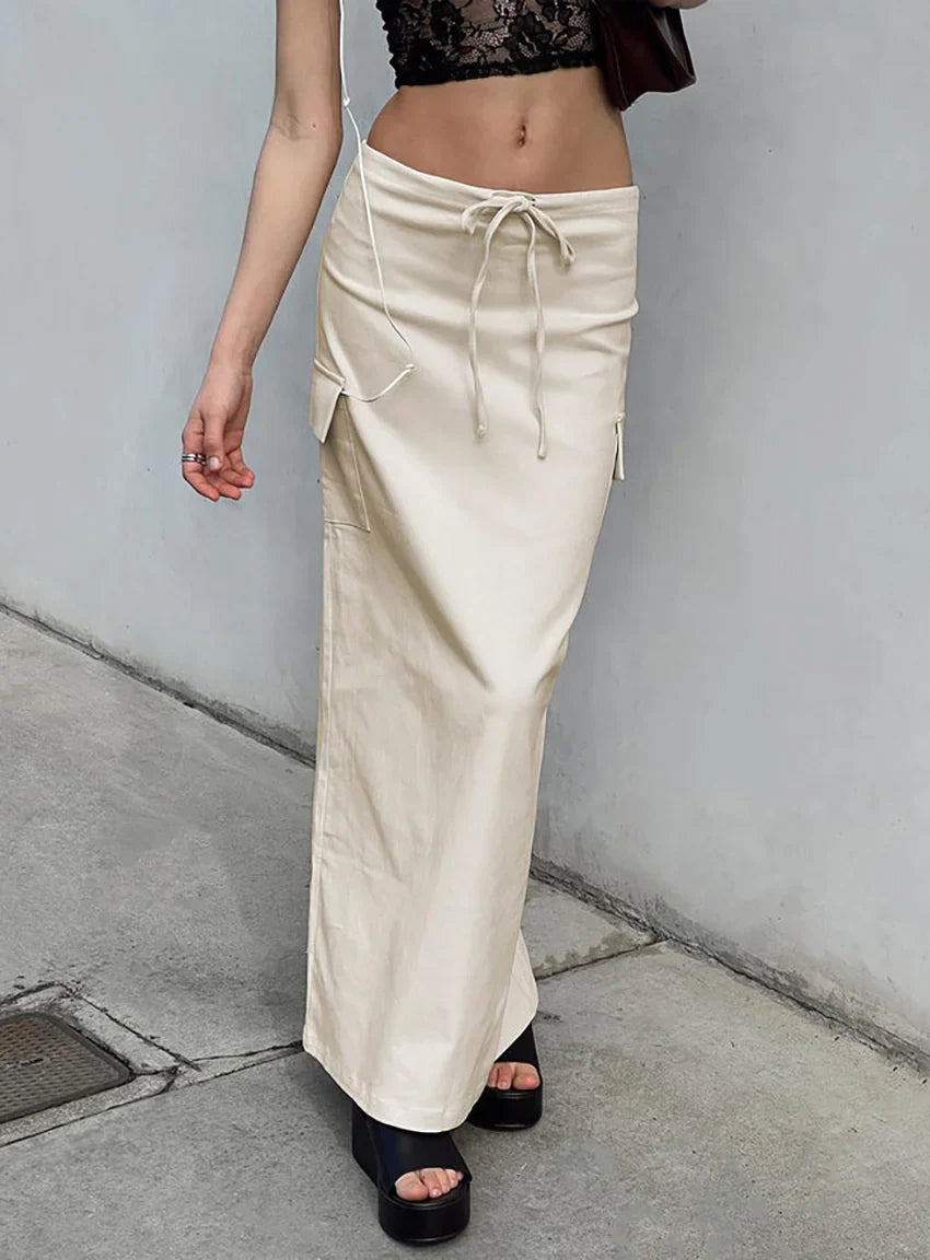 maoxiangshop  -  Lace Up Patchwork Pocket Maxi Skirt Women Low Rise Slim Autumn Temperament Commuter Slit Straight Long Skirt Streetwear