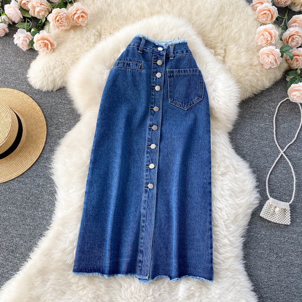 maoxiangshop Long Denim Skirt for Women maoxiangshop Korean Fashion Vintage Tassels High Waist Single Breasted A-line Jeans Skirt with Pockets