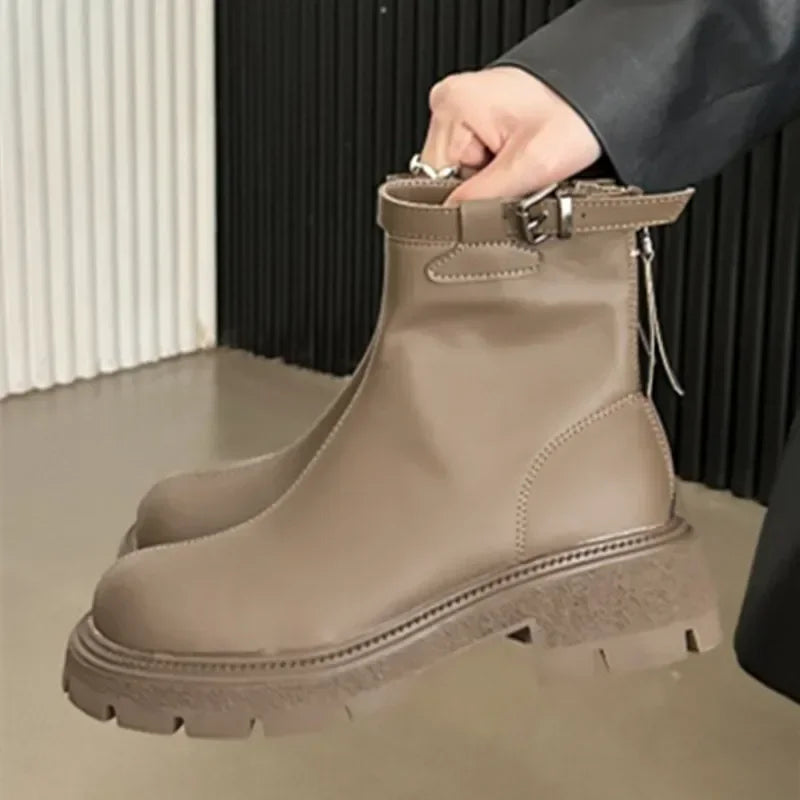 maoxiangshop  -  Autumn Winter Chunky Platform Boots Women Soft Leather Stretch Ankle Boots Fashion Belt Buckle Back Zip Design Knight Boots