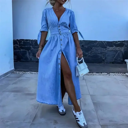 maoxiangshop Women Deep V Neck Single-breasted Cardigan Thin Denim Dresses Lace-up Half Sleeve Dress Casual Fashion Female High Waist Gown