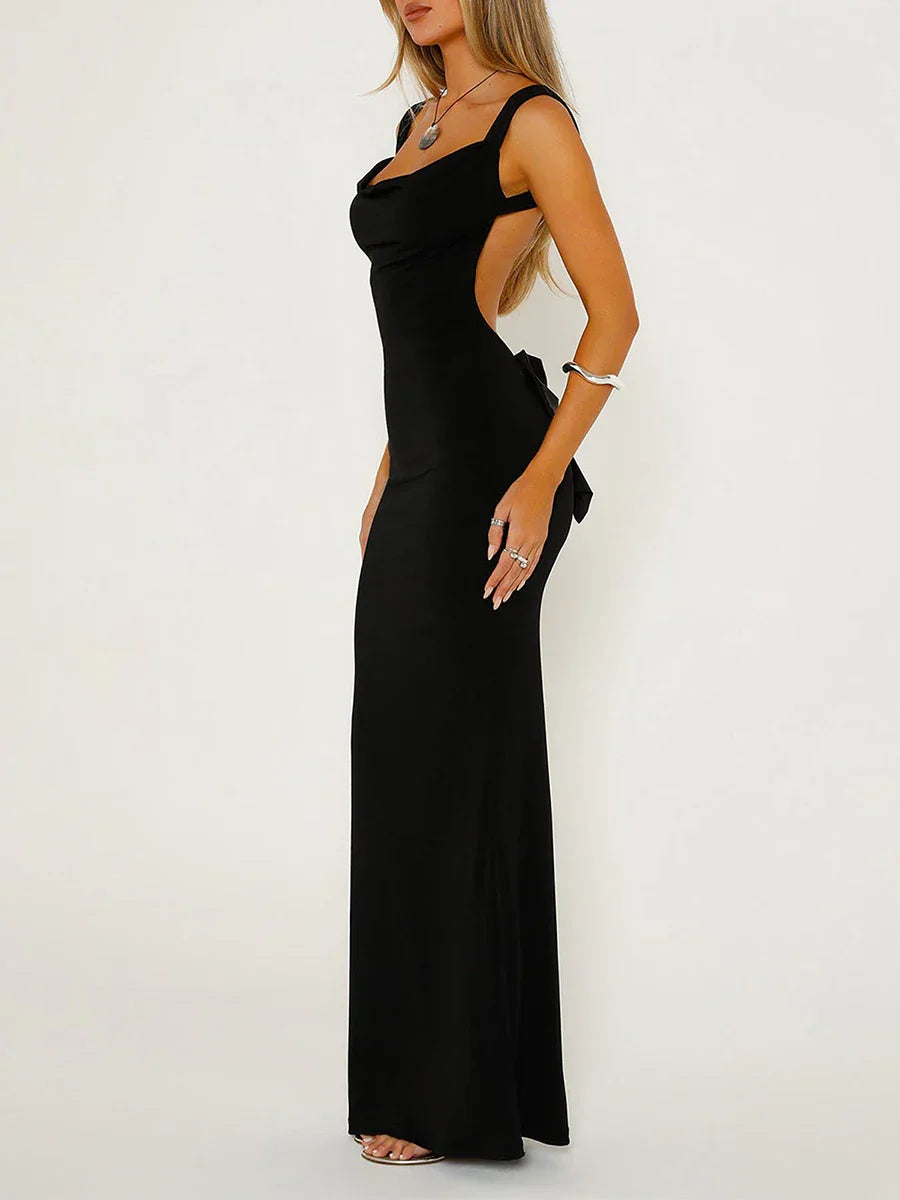 maoxiangshop-Women Sexy Backless Dress Bodycon Sleeveless Open Back Satin Bow Maxi Dress Going Out Elegant Party Cocktail Long Dress