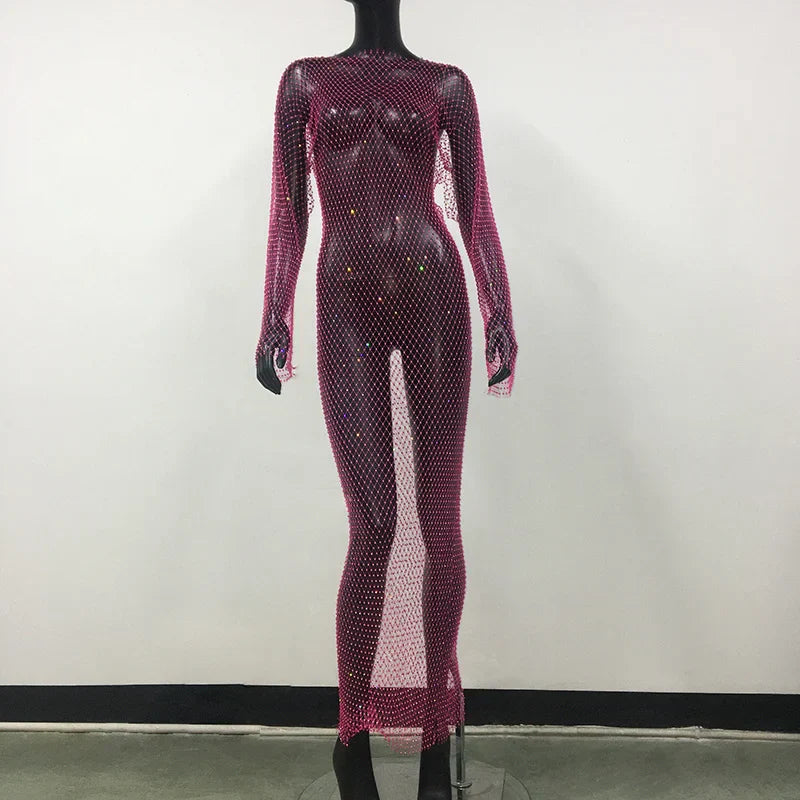 maoxiangshop-Y2K Sexy Shiny Rhinestones Grid Fishnet Dress Long Sleeve Hollow Out Side Slit Dress Beach Cover Up Breathable Lady Vestidos