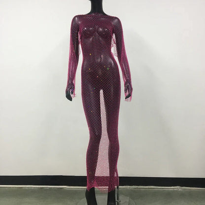 maoxiangshop-Y2K Sexy Shiny Rhinestones Grid Fishnet Dress Long Sleeve Hollow Out Side Slit Dress Beach Cover Up Breathable Lady Vestidos