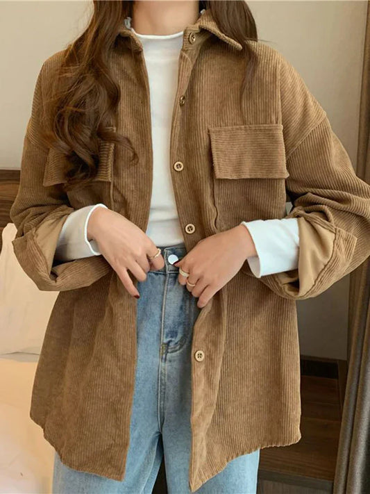 maoxiangshopJmprs Casual Women Corduroy Shirts Fashion Pockets Long Sleeve Spring Ladies Tops Solid Korean Loose Button Up Shirts