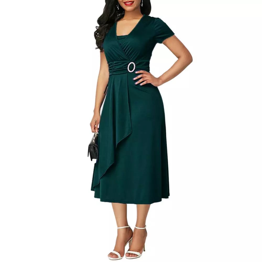 maoxiangshop Elegant Women Solid Color Short Sleeve V Neck Asymmetric Hem Waist Tight Midi Party Dress Ladies Evening Vestidos