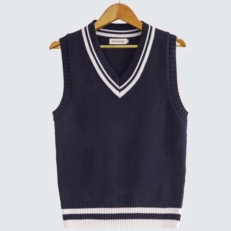 maoxiangshop Men Uniform Vest Fashion V Neck Pullover Boys British Student Sleeveless Waistcoat Tank Tops Sweaters