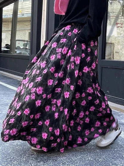 maoxiangshop Vintage Skirts for Women Flower Contrast Color High Waist Design Aesthetics Skirt Casual Loose All Match Clothing 2024