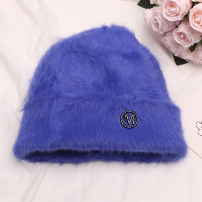 maoxiangshop New Fashion Rabbit Fur Y2k Beanies for Women Soft Warm Fluffy Angola Winter Hat Female Windproof Bonnet Hat Skullies Cap