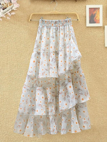 maoxiangshop New Temperament Skirt Summer Floral Irregular Ruffle All-match A-line Skirt Breathable Fairy Cake Skirt Fashion Party