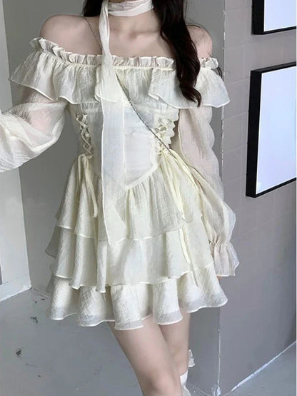 Long Sleeve Elegant Mini Dress Lolita Pure Color Short Party Dress Woman Casual 2023 Spring Sweet One Piece Dress Korean Fashion