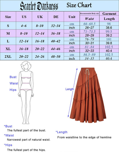 maoxiangshop  Women Skirts Vintage Renaissance Tiered Swing Skirt Solid Casual Adjustable Drawstring Waist Maxi Skirt Large Hem Skirt