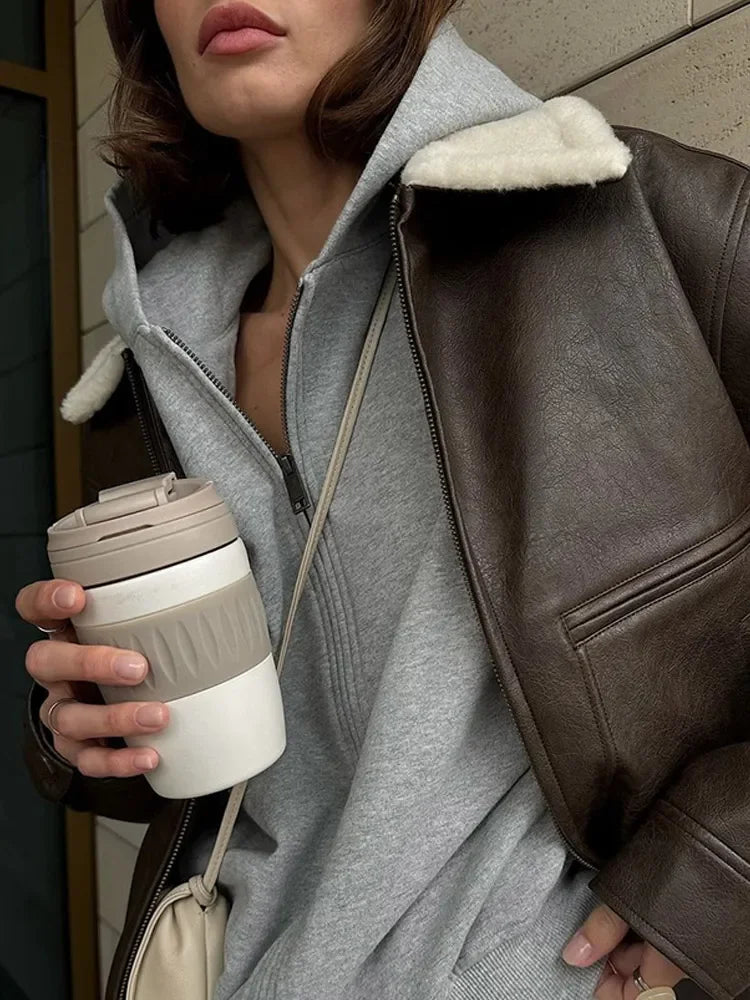 maoxiangshop  -  Solid Color Full Sleeve Zipper Faux Leather Jackets For Women Lamb Wool Lapel Demi-season Coats Autumn Warm New High Streetwear