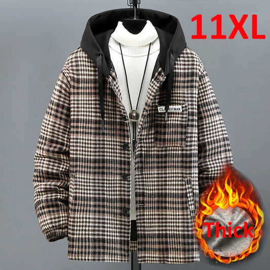 maoxiangshop Plus Size 10XL 11XL Plaid Parkas Men Winter Thick Jacket Coat Plaid Fashion Casual Winter Hooded Jackets Big Size 11XL 10XL Male