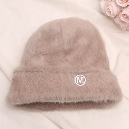 maoxiangshop New Fashion Rabbit Fur Y2k Beanies for Women Soft Warm Fluffy Angola Winter Hat Female Windproof Bonnet Hat Skullies Cap