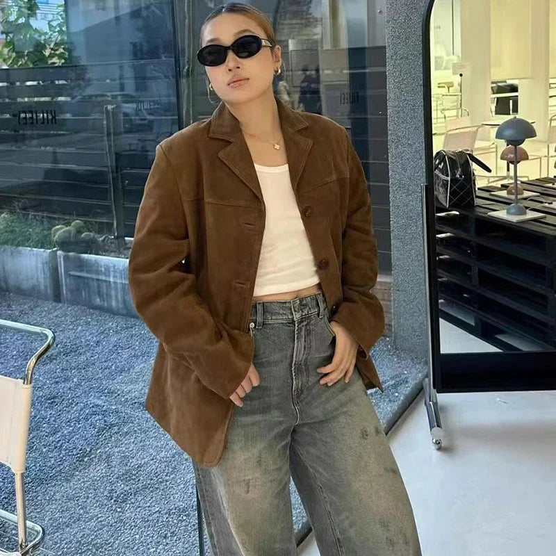maoxiangshop  -  Vintage Suede Blazers Coat Women Loose Lapel Single Breasted Long Sleeve Pockets Jacket 2024 Autumn New Lady High Street Outwear