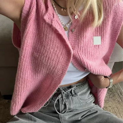 maoxiangshop  -  Women's Y2K Cute Knitted Tank Tops Casual Summer Solid Color Button-up Front Basic Sleeveless Aesthetic Sweater Vest