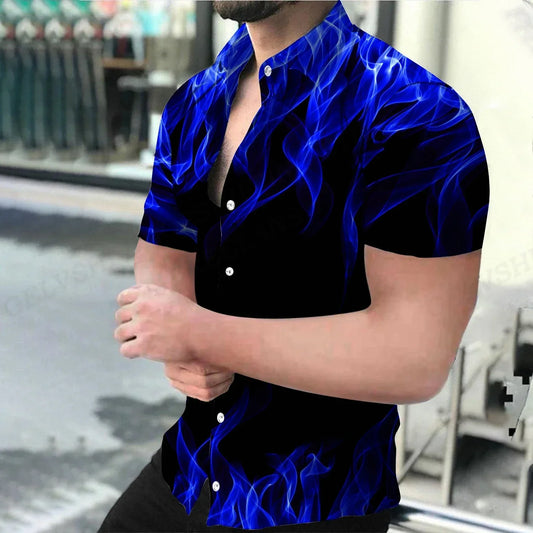 maoxiangshop Men's Shirt Blue Flame 3d Printed Shirts Men Women Fashion Hawaiian Shirt Casual Beach Blouses Men's Vocation Lapel Blouse Boy