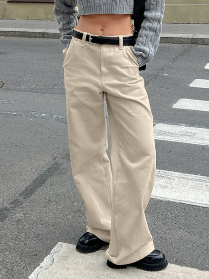maoxiangshop  -  Khaki Classic Wide Leg Pant Women High Waist Pocket Loose Simple Trouser 2024 Autumn Winter Streetwear Fashion Casual Pants New