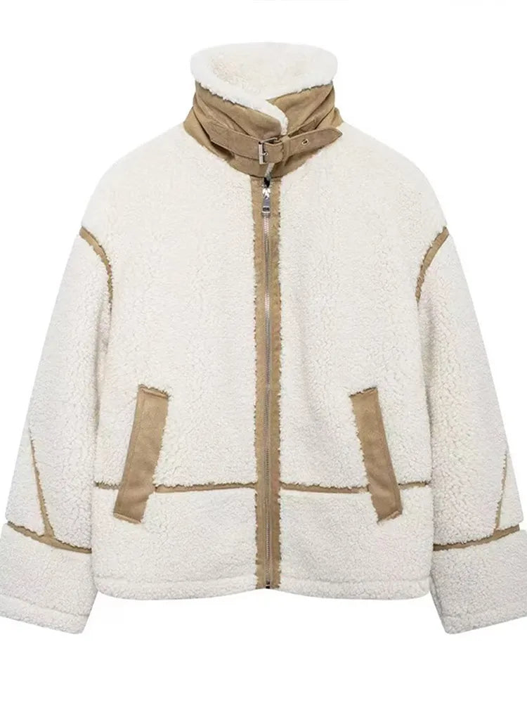 maoxiangshop  -  Vintage Lamb Wool Lapel Jackets Women Casual Warm Plush Zipper Pockets Jacket Coats Female Winter Chic High Street Outwear