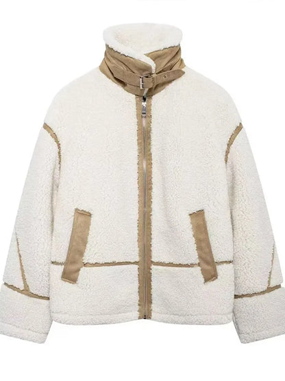 maoxiangshop  -  Vintage Lamb Wool Lapel Jackets Women Casual Warm Plush Zipper Pockets Jacket Coats Female Winter Chic High Street Outwear