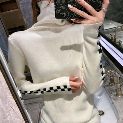 maoxiangshop Knitted Women's Autumn Winter New Korean Version Temperament Versatile Long-sleeved TopTurtleneck Plaid Undershirt Sweater