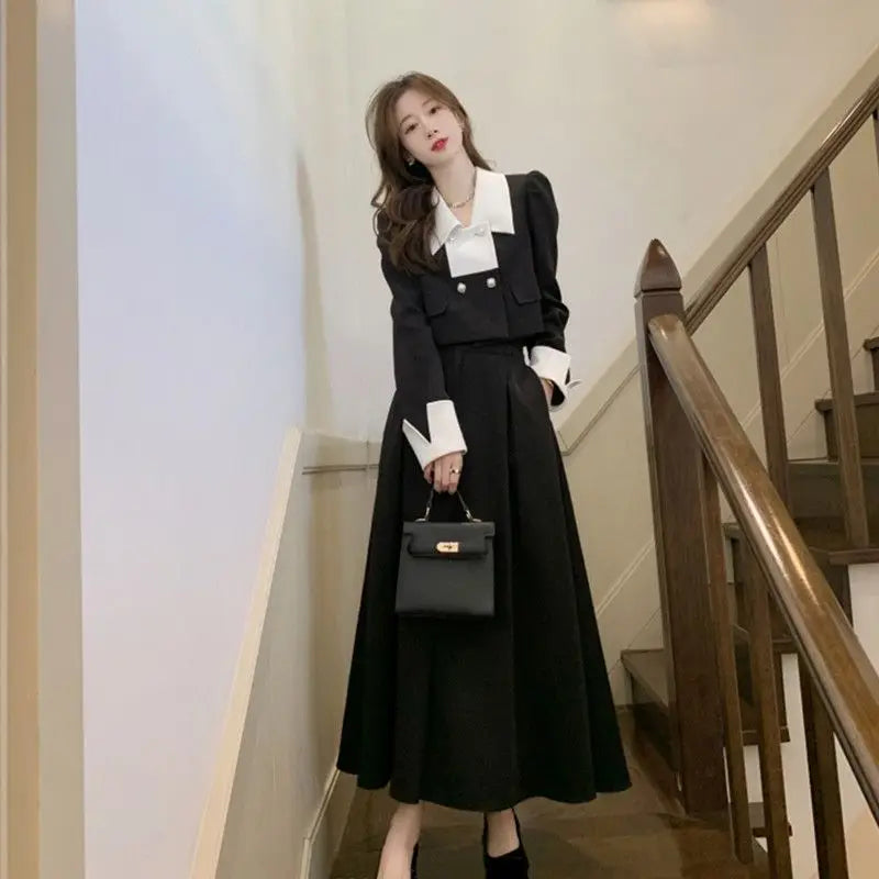 maoxiangshop Autumn Elegant 2 Piece Dress Set Women Slim Vintage Party Office Lady Korean Suit Long Sleeve Crop Tops + Casual Midi Skirt