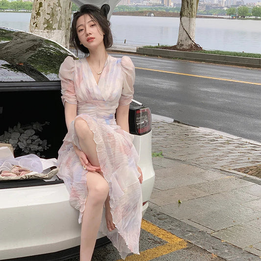 maoxiangshop Summer V-neck Print Dress French Style Women Elegent Party Pink Midi Dress Female Fashion A Line Holiday Korean Clothes Vestidos