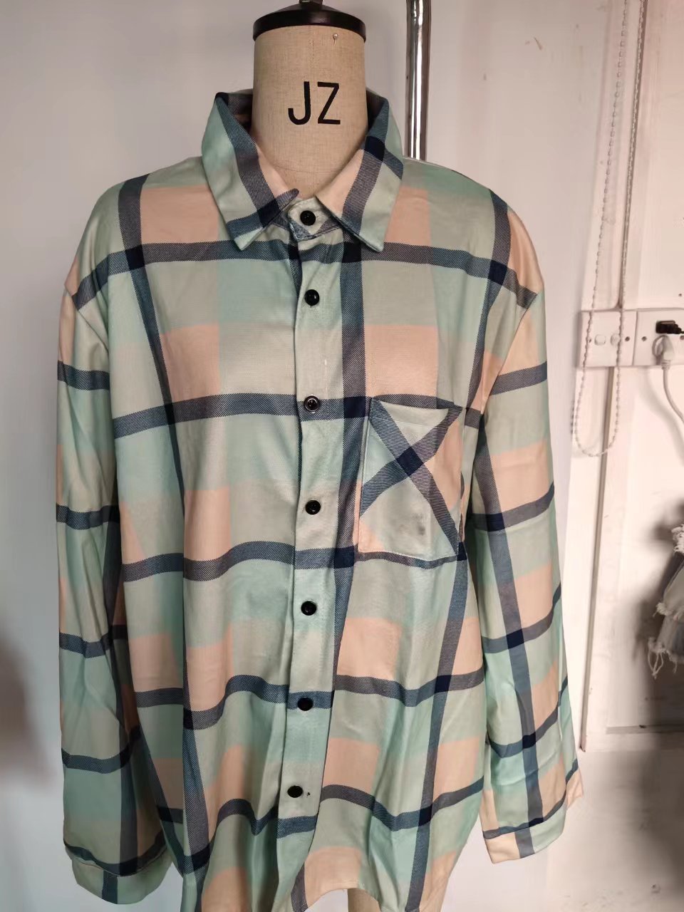 maoxiangshop Men Plaid Shirt Spring Fashion Large Size Pockets Long Sleeve Top Turn-down Collar Single-breasted Shirts