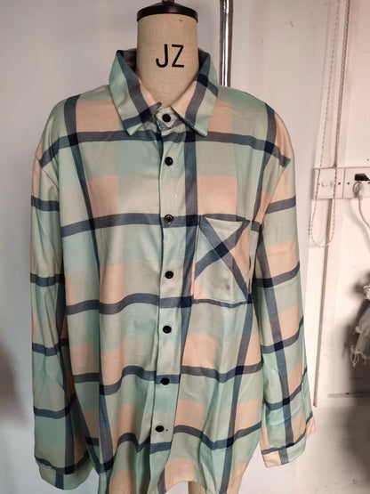 maoxiangshop Men Plaid Shirt Spring Fashion Large Size Pockets Long Sleeve Top Turn-down Collar Single-breasted Shirts