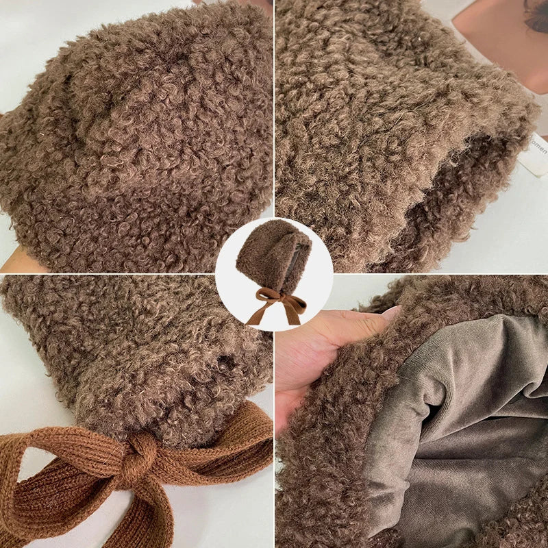 maoxiangshop  -  Lamb Wool Beanies for Women Winter Plush Warm Pullover Hats Thickened Windproof Ear Protection Cap Red Steeple Christmas Bonnets